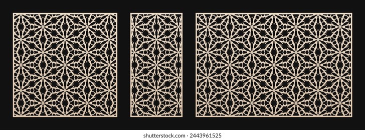 Laser cut pattern set. Vector design with geometric ornament, abstract floral grid, mesh, lattice. Template for cnc cutting, decorative panels of wood, metal, plastic. Aspect ratio 1:1, 3:2, 1:2