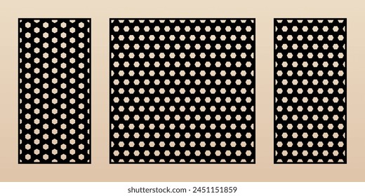 Laser cut pattern set. Vector template with abstract geometric texture, perforated hexagonal grid, mesh. Decorative stencil for CNC cut, laser cutting of wood, metal, paper. Aspect ratio 1:2, 1:1