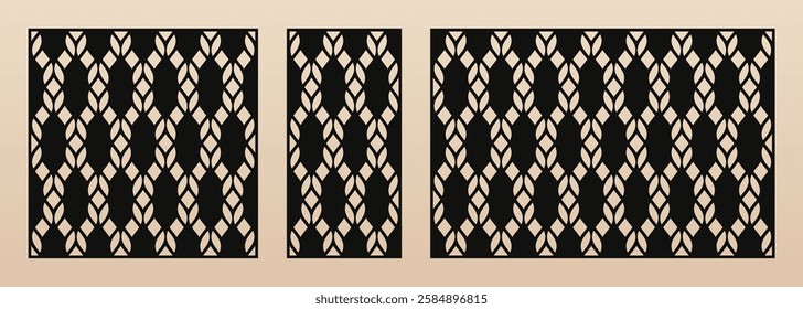 Laser cut pattern set. Vector template with abstract geometric ornament, grid, mesh, lattice, ropes. Decorative stencil for laser cutting of wood, metal, plywood, paper. Aspect ratio 1:1, 1:2, 3:2