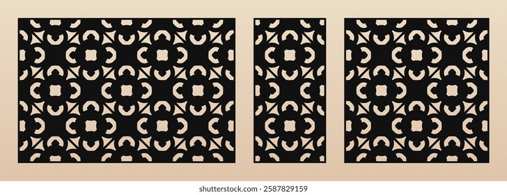 Laser cut pattern set. Vector templates with abstract geometric ornament in oriental style, floral grid ornament. Decorative panel for CNC cutting of wood, metal, engraving. Aspect ratio 3:2, 1:2, 1:1