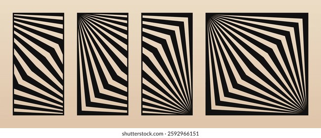 Laser cut pattern set. Vector abstract geometric templates with lines, stripes, zigzag, chevron, optical illusion. Decorative stencils for cutting of wood, metal, paper, plywood. Aspect ratio 1:2, 1:1