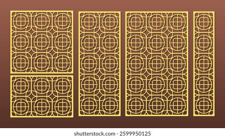Laser cut pattern set. Vector design with elegant geometric ornament, abstract floral grid, mesh. Template for cnc cutting, decorative panels of wood, metal, paper, plastic.	