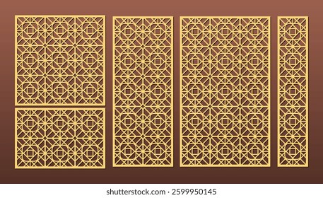Laser cut pattern set. Vector design with elegant geometric ornament, abstract floral grid, mesh. Template for cnc cutting, decorative panels of wood, metal, paper, plastic.	