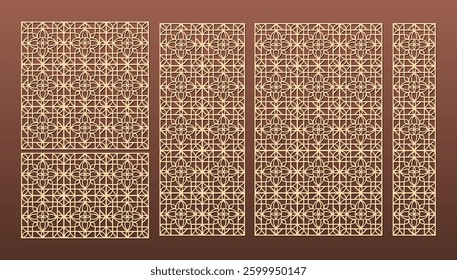 Laser cut pattern set. Vector design with elegant geometric ornament, abstract floral grid, mesh. Template for cnc cutting, decorative panels of wood, metal, paper, plastic.	