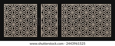 Laser cut pattern set. Vector design with geometric ornament, abstract floral grid, mesh, lattice. Template for cnc cutting, decorative panels of wood, metal, plastic. Aspect ratio 1:1, 3:2, 1:2