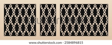 Laser cut pattern set. Vector template with abstract geometric ornament, grid, mesh, lattice, ropes. Decorative stencil for laser cutting of wood, metal, plywood, paper. Aspect ratio 1:1, 1:2, 3:2