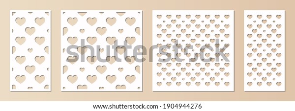 Laser cut pattern set. Vector template with romantic\
hearts ornament, abstract geometric grid. Decorative stencil for\
laser cutting of wood, metal, paper, plastic, engraving. Aspect\
ratio 1:1, 1:2