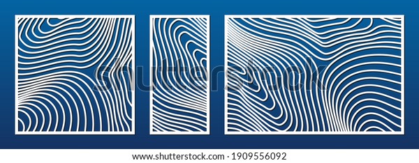 Laser cut pattern set. Vector template with trendy\
abstract geometric pattern, curved lines. Trendy decorative stencil\
for laser cutting of wood panel, metal, plastic, cnc. Aspect ratio\
1:2, 1:1, 3:2