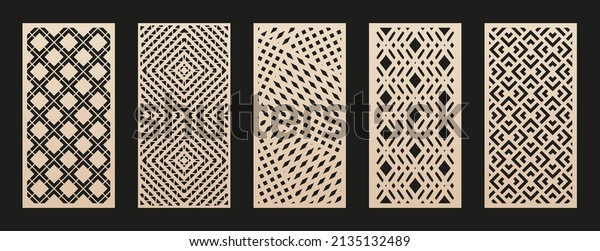 Laser cut pattern set. Vector collection of cutting\
templates with abstract geometric ornament, grid, mesh, lines,\
chevron. Decorative stencil for laser cut of wood, metal, plastic.\
Aspect ratio 1:2