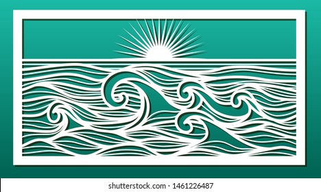 Laser cut pattern. Stencil for wood or metal cutting or carving, paper art, temrplate for fretwork, wall decorative panel for interior design. Sea landscape with waves and sunset. Vector illustration