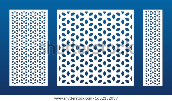 Laser cut pattern. Vector template with abstract\
geometric texture, floral grid ornament. Decorative perforated\
stencil for laser cutting panel of wood, metal, engraving. Aspect\
ratio 1:2, 1:1, 1:4