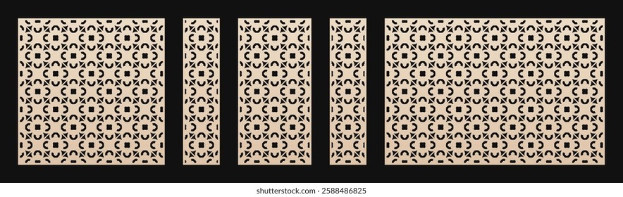 Laser cut pattern. Vector templates with abstract geometric ornament in oriental style, floral grid, lattice. Decorative panel for CNC cutting of wood, metal, paper. Aspect ratio 1:1, 1:4, 3:2, 1:2