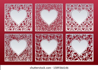 Laser cut patterned cards set with hearts. Panel templates for interior design, layouts wedding cards, invitations, Valentine's Day cards. Vector Valentine background.