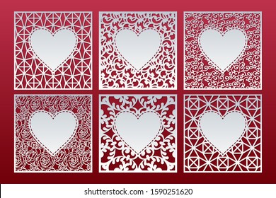 Laser cut patterned cards set with hearts. Panel templates for interior design, layouts wedding cards, invitations, Valentine's Day cards. Vector Valentine background.