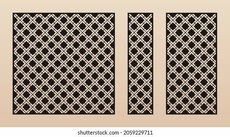 Laser cut patterns. Abstract geometric pattern with square grid, net, mesh, lattice, diamond shapes. Decorative stencil for laser cutting of wood, metal, paper, plastic. Aspect ratio 1:1, 1:4, 1:2