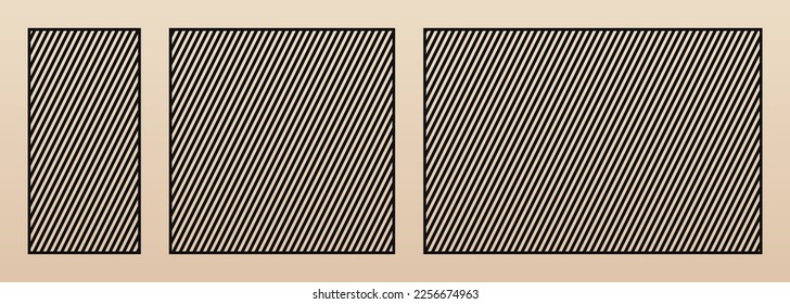 Laser cut patterns. Abstract geometric set with thin diagonal lines, straight parallel stripes. Decorative panels. Stencil for CNC or laser cutting of wood, metal, paper. Aspect ratio 1:2, 1:1, 3:2