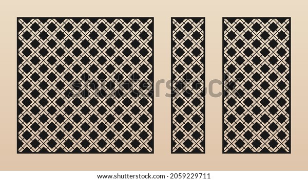 Laser cut patterns. Abstract geometric pattern with
square grid, net, mesh, lattice, diamond shapes. Decorative stencil
for laser cutting of wood, metal, paper, plastic. Aspect ratio 1:1,
1:4, 1:2