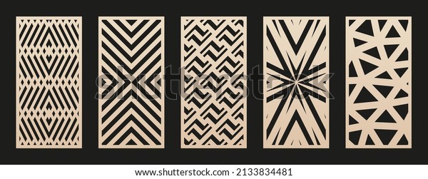 Laser cut patterns. Collection of abstract geometric\
panels with lines, grid, chevron. Modern ornament texture.\
Decorative stencil for laser cutting of wood, metal, paper,\
plastic. Aspect ratio\
1:2