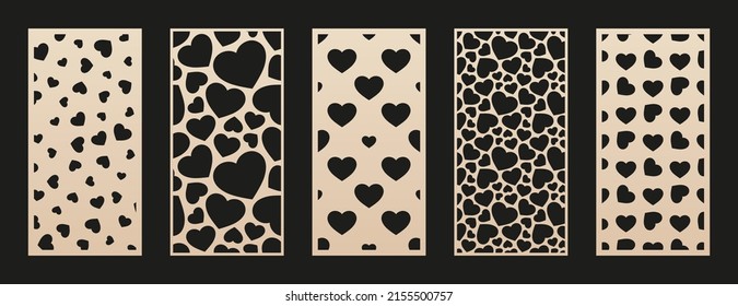 Laser cut patterns collection with hearts. Vector template with heart shapes. Valentine's day design. Decorative panel set for laser cutting of wood, metal, paper, plastic, engraving. Aspect ratio 1:2