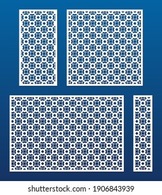 Laser cut patterns collection. Set of vector templates with geometric ornaments in Oriental style, floral mesh. Elegant stencil for laser cutting of decorative panel. Aspect ratio 1:1, 1:2, 3:2, 1:4