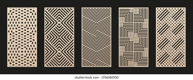 Colección de patrones de corte láser. Conjunto vectorial con ornamento geométrico abstracto, líneas, rayas, rejilla, entramado. Lápiz decorativo para corte láser de paneles de madera, metal, plástico, papel. Relación de aspecto 1:2