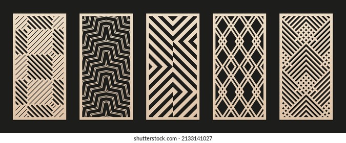 Laser cut patterns collection. Vector set with abstract geometric ornament, lines, chevron, stripes, squares, grid. Decorative stencil for laser cutting of wood panel, metal, plastic. Aspect ratio 1:2