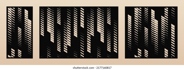 Laser cut patterns collection. Vector set with abstract geometric texture, halftone lines, fading stripes, tracks. Decorative stencil for laser cutting of wood panel, metal. Aspect ratio 1:2, 3:2, 1:1