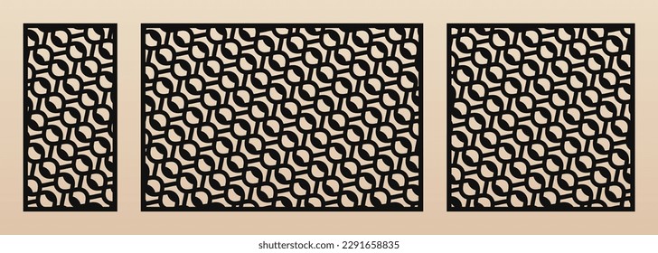 Laser cut patterns collection. Vector set with abstract geometric texture, curved grid, wavy lattice, mesh. Modern panels. Decorative stencil for CNC cutting of wood, metal. Aspect ratio 1:2, 3:2, 1:1