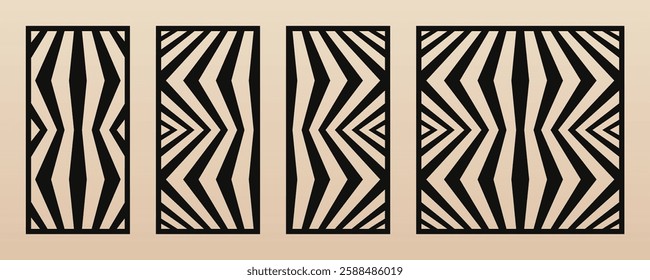 Laser cut patterns collection. Vector set with abstract geometric ornament, lines, stripes, chevron, zigzag. Decorative stencil for laser cutting of wood panel, metal, plywood. Aspect ratio 1:2, 1:1