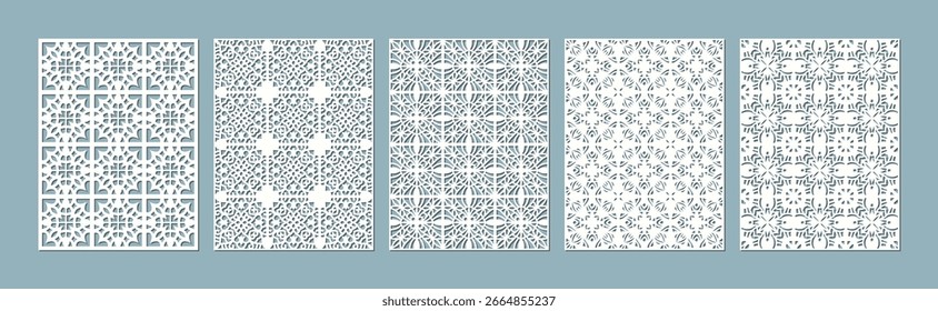 Laser cut patterns collection. Vector set with abstract geometric ornament, lines, stripes, grid, lattice. Decorative stencil for laser cutting of wood panel, metal, plastic, paper. Aspect ratio