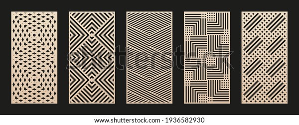 Laser cut patterns collection. Vector set with\
abstract geometric ornament, lines, stripes, grid, lattice.\
Decorative stencil for laser cutting of wood panel, metal, plastic,\
paper. Aspect ratio 1:2