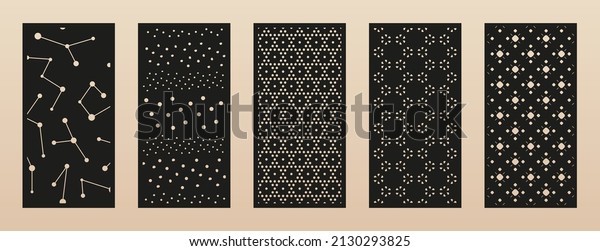 Laser cut patterns collection. Vector set with\
abstract geometric backgrounds, dots, lines, floral silhouettes,\
grid. Decorative stencil for laser cutting of wood panel, metal,\
acryl. Aspect ratio 1:2