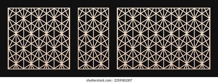 Laser cut patterns with grid, lines, triangles, diamonds. Vector template set for CNC cutting. Decorative panels. Stencil for laser cut of wood, metal, paper, plastic. Aspect ratio 1:1, 1:2, 3:2