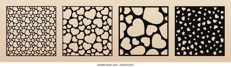 Laser cut patterns with hearts. Vector template set with different heart shapes. Valentine's day design. Decorative panel for laser cutting of wood, metal, paper, plastic, engraving. Aspect ratio 1:1