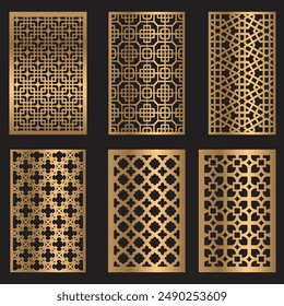 Kollektion des Laserschnittmusters. Vektorgrafik-Set mit abstraktem geometrischem Ornament, Dekorative Schablone für das Laserschneiden von Holzplatten, Vektorgrafik-CNC-Platten-Set für das Laserschneiden