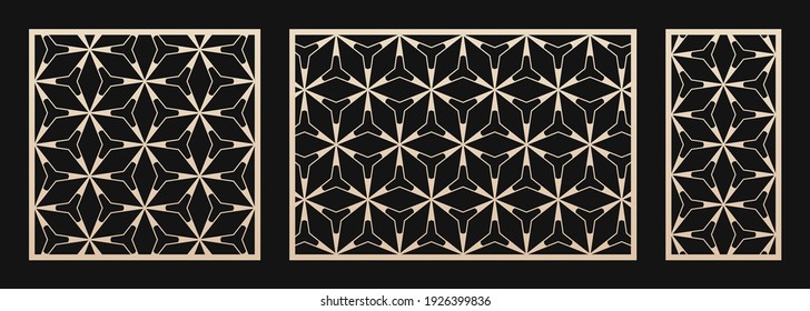 Laser cut patterns set. Vector templates with abstract geometric ornament, thin lines, triangles, hexagon grid. Decorative stencil for laser cutting of wood, metal, plastic. Aspect ratio 1:1, 3:2, 1:2