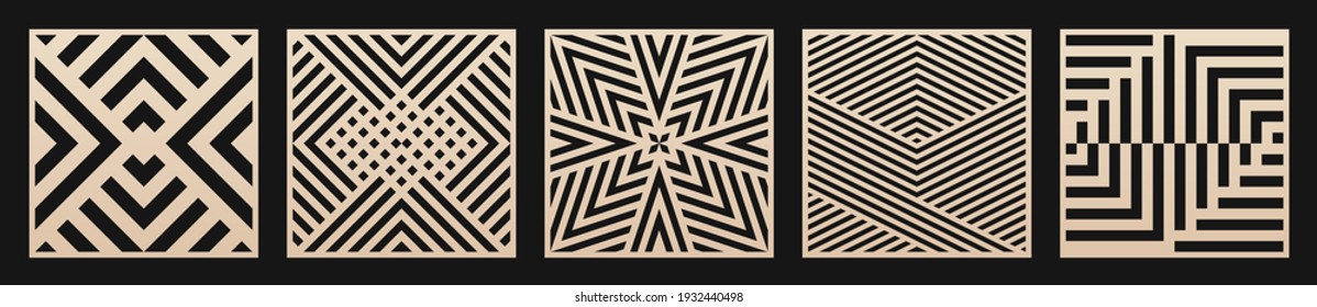 Laser cut patterns set. Vector collection of square cutting templates with abstract geometric ornament, lines, stripes. Decorative stencil for laser cut of wood, metal, plastic. Aspect ratio 1:1
