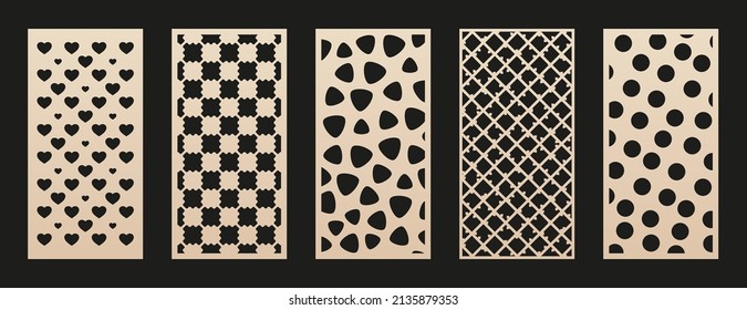 Laser cut patterns set. Vector collection of simple geometric ornaments with grid, circles, triangles, hearts. Elegant template for cnc cutting, decorative panels of wood, paper. Aspect ratio 1:2