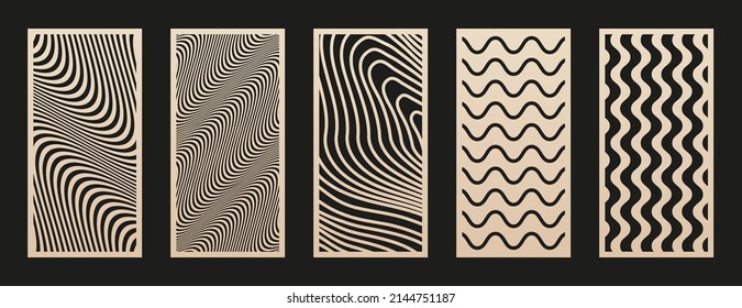 Laser cut patterns set. Vector design with abstract geometric ornament, waves, curved lines, stripes. Template for cnc cutting, decorative panels of wood, metal, acrylic, paper. Aspect ratio 1:2