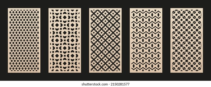 Laser cut patterns set. Vector design with simple floral geometric ornament, abstract grid, mesh, curved shapes. Template for cnc cutting, decorative panels of wood, metal, paper. Aspect ratio 1:2