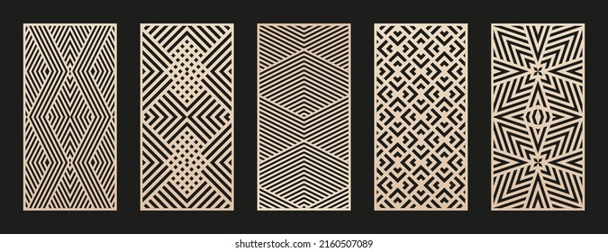 Patrones de corte láser. Colección vectorial de ornamento geométrico abstracto, líneas, rayas, rejilla, chevron. Lápiz decorativo para corte láser de paneles de madera, metal, plástico, papel. Relación de aspecto 1:2