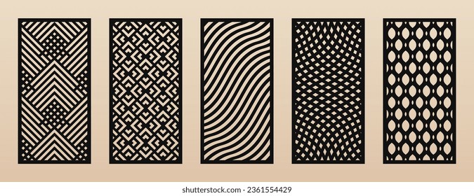 Laser cut patterns set. Vector collection of rectangular cutting templates with abstract geometric ornament, lines, stripes, mesh, grid, lattice. Decorative stencil for CNC cutting. Aspect ratio 1:2