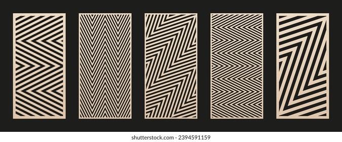 Patrones de corte láser. Colección vectorial de plantillas de corte CNC con ornamento geométrico abstracto, líneas, chevron, zigzag. Esténcil decorativo para corte láser de madera, metal, plástico. Relación de aspecto 1:2