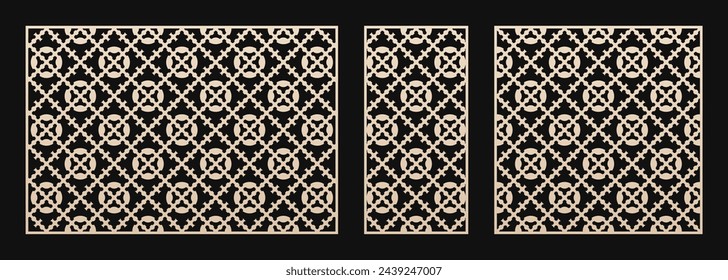 Conjunto de patrones de corte láser. Diseño vectorial con adorno geométrico elegante, cuadrícula floral abstracta, celosía. Plantilla para corte CNC, paneles decorativos de madera, metal, papel, plástico. Relación de aspecto 3:2, 1:2, 1:1