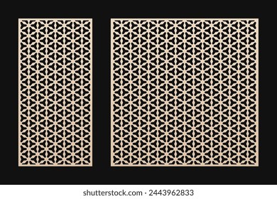 Laser cut patterns set. Vector decorative panels design with geometric ornament, abstract floral grid, lattice. Template for cnc cutting of wood, metal, plastic, paper, acryl. Aspect ratio 1:2, 1:1