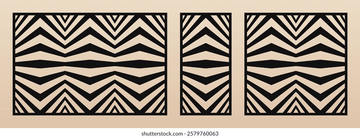 Laser cut patterns set. Vector abstract geometric ornament with lines, stripes, zigzag, chevron, optical illusion. Decorative stencil for laser cut of wood, metal, plastic. Aspect ratio 3:2, 1:2, 1:1