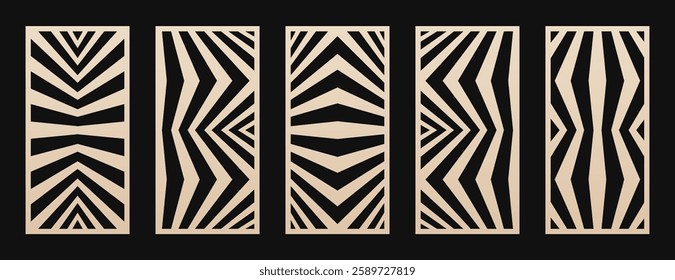 Laser cut patterns set. Vector abstract geometric panels. Ornament with lines, stripes, zigzag, chevron, optical illusion. Decorative stencils for cutting of wood, metal, plastic. Aspect ratio 1:2