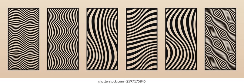 Laser cut patterns set. Vector template with liquid lines, wavy stripes, fluid shapes. Trending funky groovy design. Decorative stencil for CNC, laser cutting of wood, metal, paper. Aspect ratio 1:2