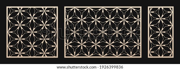 Laser cut patterns set. Vector templates with\
abstract geometric ornament, thin lines, triangles, hexagon grid.\
Decorative stencil for laser cutting of wood, metal, plastic.\
Aspect ratio 1:1, 3:2,\
1:2