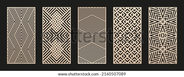 Laser cut patterns set. Vector collection of abstract\
geometric ornament, lines, stripes, grid, chevron. Decorative\
stencil for laser cutting of wood panel, metal, plastic, paper.\
Aspect ratio 1:2
